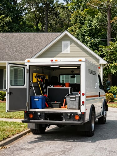 Fully stocked service truck parked clearly in front of a suburban home in Folkston, Georgia, bright natural daylight, tools visible, focused.