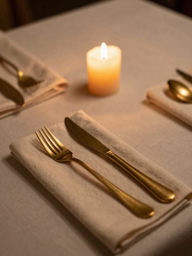 Close-up of an intimate table setting at Shahre Naw, warm ivory linen napkins, brass cutlery, and a single burning candle