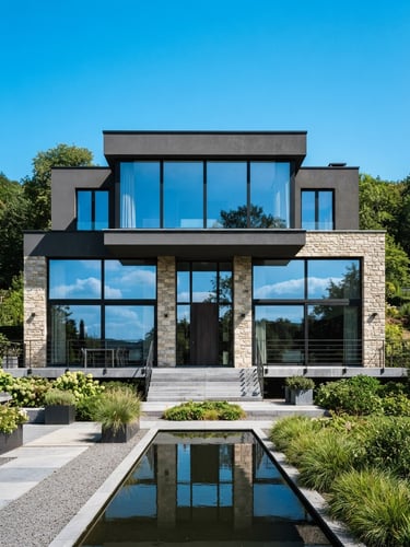 Symmetrical architectural photography of a modern luxury villa in Liège with massive, pristine glass windows reflecting a bright blue sky, high contrast, sharp details, 35mm