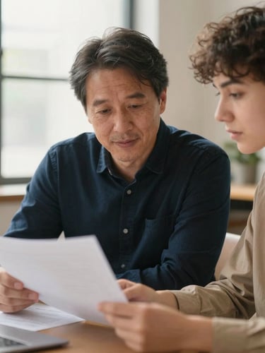 Medium portrait shot of an experienced founder and a younger successor reviewing physical documents together in a warm office, soft natural window light, authentic interaction.