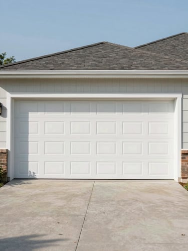 Wide environmental shot of a white raised-panel residential garage door on a suburban home exterior, photographed in natural midday daylight, full door visible with driveway in foreground, no people, clear sky