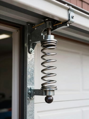 Close-up of a residential garage door spring mechanism mounted on a metal shaft, natural daylight from an open garage, sharp detail on the steel coil and hardware brackets