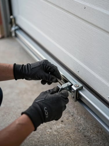 Close-up of a technician's gloved hands adjusting a torsion spring on a residential garage door track, natural daylight from the open garage bay, concrete floor visible below, steel hardware sharp in focus