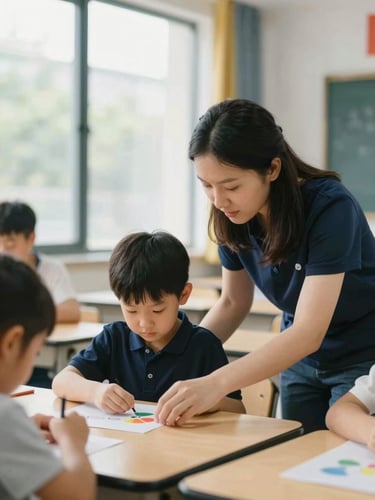 A parent volunteer gently guiding a child through a hands-on learning activity in a bright, modern classroom, soft natural window light, medium shot focusing on their interaction and warmth, deep navy and gold accents visible in the background.