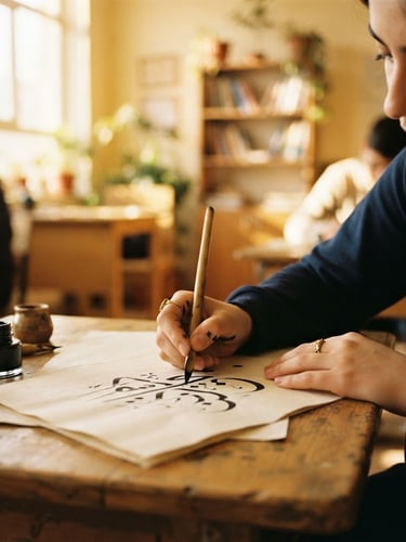A focused student's hands writing Arabic calligraphy in a warm, sunlit classroom, soft natural window light casting golden tones, shallow depth of field, gentle engagement.
