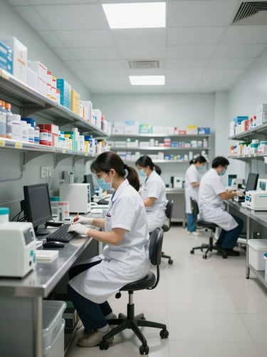 A bright, clean long-term care pharmacy cleanroom with stainless steel surfaces and professional technicians working in the background, cool natural lighting, medium-wide environmental shot.