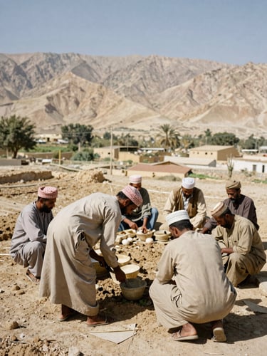 A warm, sun-drenched medium shot of cooperative agricultural workers in a MENA valley, collaborating under natural daylight, earthy tones, 35mm lens.