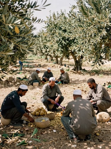 A warm, sun-drenched documentary photograph of local farmers collaborating in a cooperative olive grove in Tunisia, medium shot, natural daylight, 35mm lens