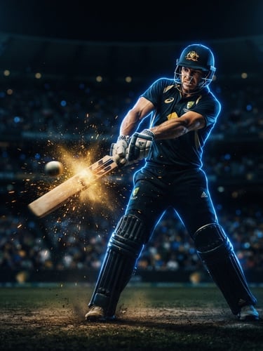 Low-angle dynamic action shot of a professional batsman mid-swing, electric royal blue neon rim lighting, deep gold sparks, dark stadium background, cinematic 35mm