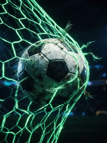 Dynamic close-up of a soccer ball tearing through a digital neon green net, low-key dramatic lighting, deep gold and electric blue accents, 35mm