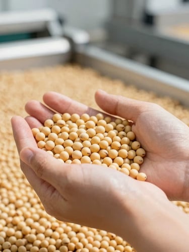 Close-up of raw golden soybeans held in hands under bright natural daylight, clean industrial agricultural sorting facility in the background.