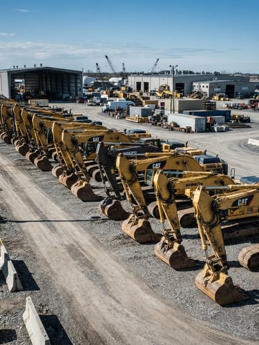 Wide-angle industrial yard with massive yellow excavators and heavy machinery parked in a row, bright natural daylight, high contrast shadows, sharp industrial photography