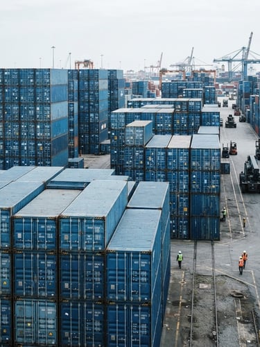 A sharp industrial portrait of stacked blue cargo shipping containers at a high-volume logistics terminal under bright natural daylight, cool desaturated tones, deep depth of field.