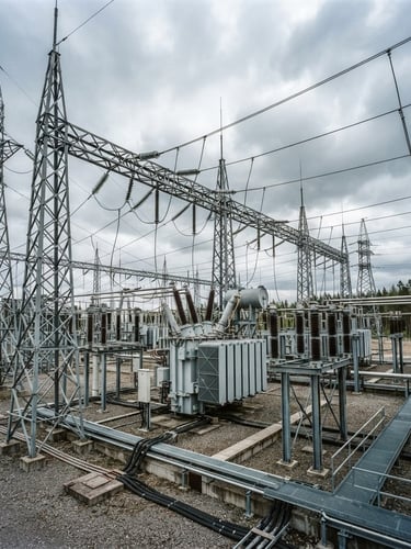 Wide-angle industrial high-voltage substation under cool overcast daylight, high-contrast technical tones, 35mm