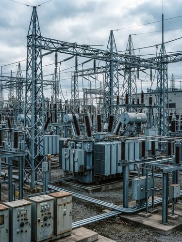 Wide-angle crisp industrial photography of high-voltage substation power electronics, cool overcast daylight, technical high-contrast slate and cyan tones, 35mm lens.