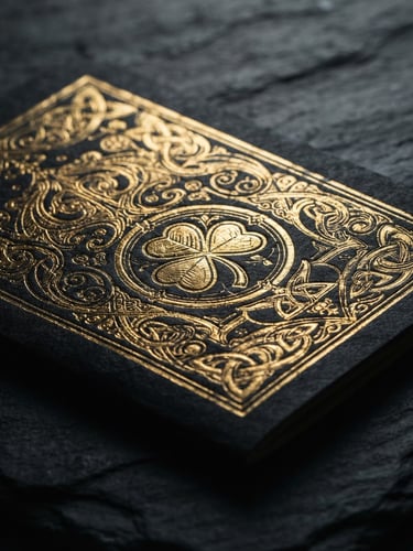 Macro close-up of a gold-foil embossed Lucky Charlie booklet resting on dark slate with low-key side lighting.