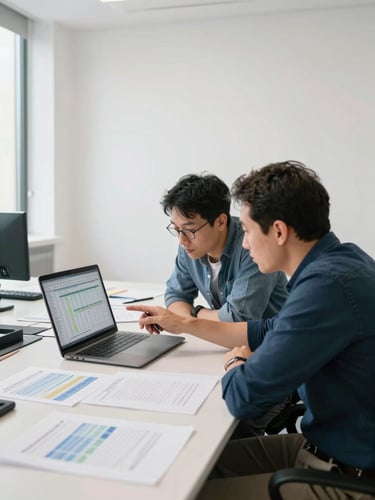 Wide environmental shot of two strategists seated at a large work table in a daylight-bright open office, leaning toward a laptop showing a spreadsheet with highlighted rows. One person points at the screen with a pen. Papers and printed channel-attribution reports spread across the table. Shot from a slight angle, no eye contact with camera. Clean white walls, no branding visible.