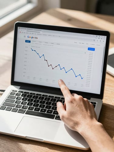 Close overhead shot of a laptop screen displaying a Google Ads dashboard with visible CTR and CPC columns, a hand pointing at a declining cost-per-click trendline, daylight from a window casting clean shadows across the desk surface
