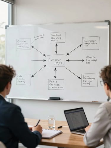 Wide environmental shot of a strategy session, two people seated at a whiteboard covered in a hand-drawn customer journey map with arrows and friction labels, bright daylight interior, no faces visible, notepads and open laptops on the table