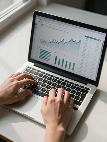Close overhead shot of a laptop screen displaying an analytics dashboard with trendline charts and CAC data, hands resting on keyboard, daylight from a left window casting clean shadows across the desk surface