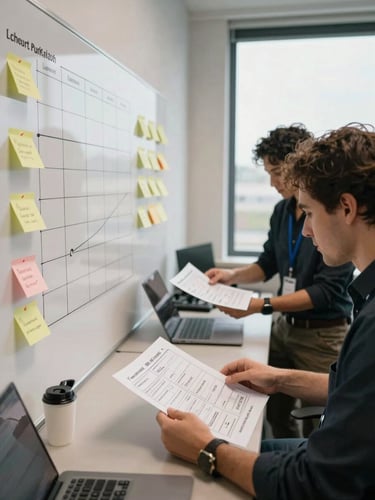 Wide-angle view of a product team's working session — a whiteboard filled with sprint columns and sticky notes to the left, two team members visible from the side reviewing printed roadmap sheets on a table under neutral window light, real office environment, no posed expressions