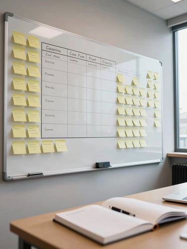 Wide environmental view of a product planning session — a large whiteboard filled with sticky notes and sprint columns visible on the left, a notebook open on the desk in the foreground, neutral daylight from a side window, no people visible, office context clear