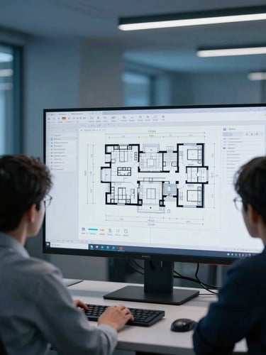 Developers collaborating on a complex architectural diagram on a large monitor in a modern tech office, cool blue ambient lighting, high contrast, sharp focus, professional tech environment, 35mm