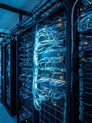 Wide-angle shot of complex data flowing through a modern server rack, cool blue ambient light, high contrast, sharp focus, professional tech environment, 35mm