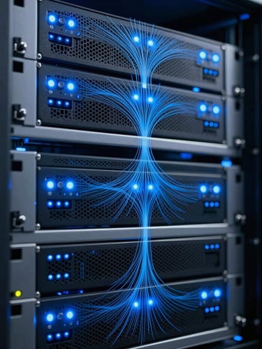 Close-up of a server rack with blue indicator lights, abstract architectural data flows, cool-toned studio lighting, high contrast, sharp focus, professional tech environment, portrait aspect, 35mm