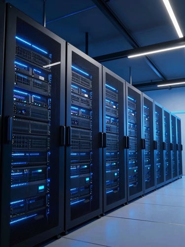 Wide-angle shot of a modern data center with blue ambient lighting, server racks glowing, sharp geometric lines, high contrast.