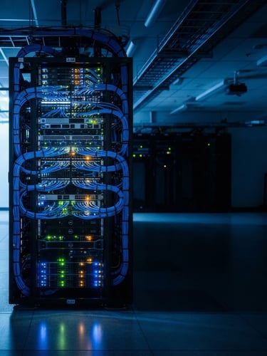 Wide panoramic shot of a modern, sleek server room with blue ambient lighting, high contrast, sharp focus, network cables, and glowing server lights. A single server rack is slightly off-center to the left, with plenty of negative space to the right, sleek corporate technology photography, cool blue ambient lighting, high contrast, sharp focus, professional tech environment, 35mm