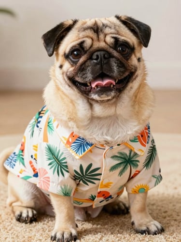 Warm editorial pet photography of a happy pug wearing a perfectly fitted colorful handmade tropical shirt, sitting comfortably on a warm rug, bright natural daylight, close-up showing the comfortable fit around its chest.