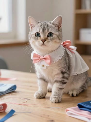 Un gatito atigrado gris, con un collar de encaje blanco y un lazo rosa, está sentado sobre una mesa
