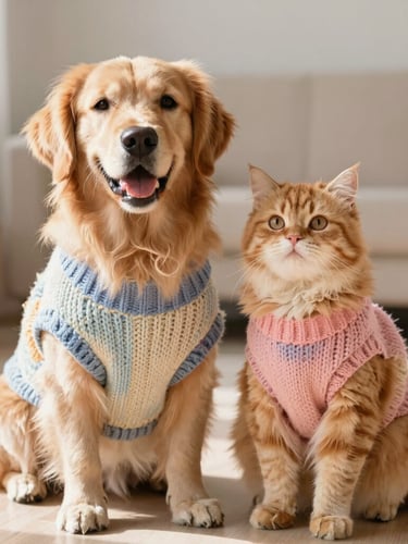 Warm editorial pet photography, a happy golden retriever and a fluffy ginger cat sitting together in a sunlit room, wearing soft colorful handmade sweaters, bright natural daylight, shallow depth of field.