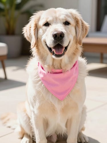 Warm editorial pet photography of a happy Golden Retriever wearing a vibrant pink handmade bandana, sitting on a sunlit patio, bright natural daylight, shallow depth of field