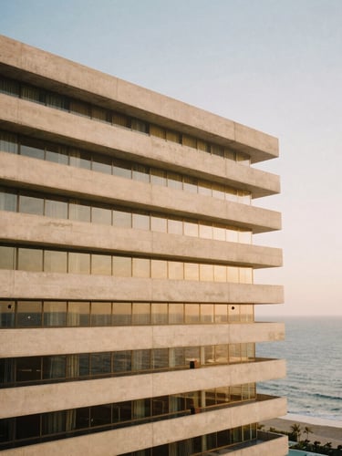 Portrait shot of the Grand Horizon Hotel's brutalist-inspired exterior, concrete and glass, against a soft golden-hour sky, overlooking the ocean, unpeopled, warm editorial photography, 35mm film style