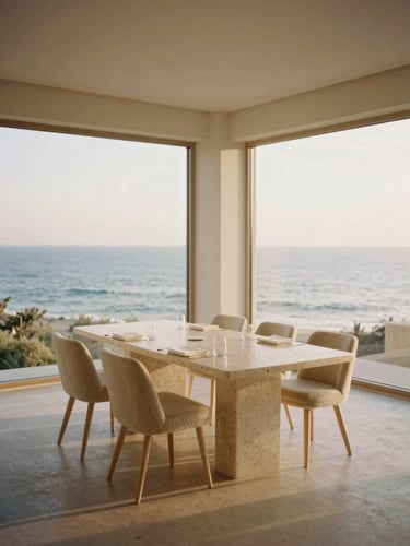 Wide panoramic shot of a minimalist luxury dining room interior, large windows overlooking the ocean, soft golden light, travertine and linen textures, unpeopled, 35mm film style