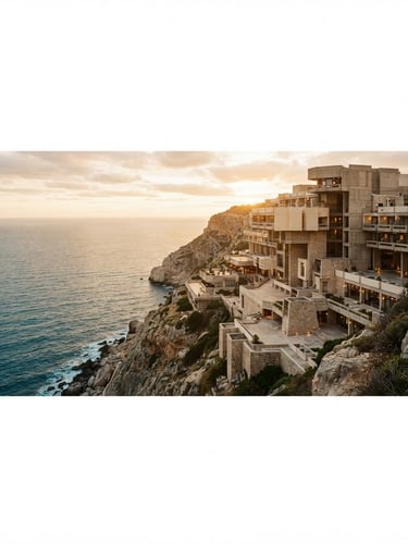 Wide panoramic view of Grand Horizon Hotel's brutalist-inspired cliffside architecture at golden hour, overlooking a pristine ocean, soft golden light, muted beige and alabaster tones, shallow depth of field, 35mm film style