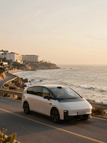Sleek, modern electric luxury vehicle parked on a winding coastal road overlooking the ocean at golden hour, soft light, unpeopled, architectural sweep of the hotel in the distance