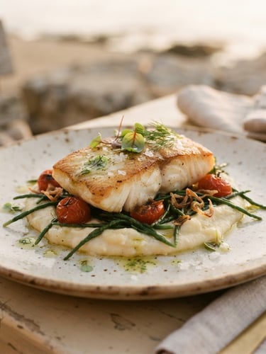 Close-up of a perfectly plated, exquisitely prepared coastal dish, minimalist presentation, soft golden-hour light, muted beige and alabaster tones, shallow depth of field, 35mm film style