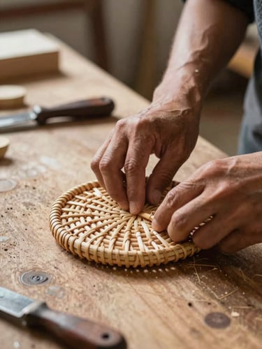 Close-up of a craftsman's hands pressing and shaping a piece of rattan on a workshop bench, natural north-facing daylight, tools and raw material visible on the worn wooden surface, shallow depth of field on the hands