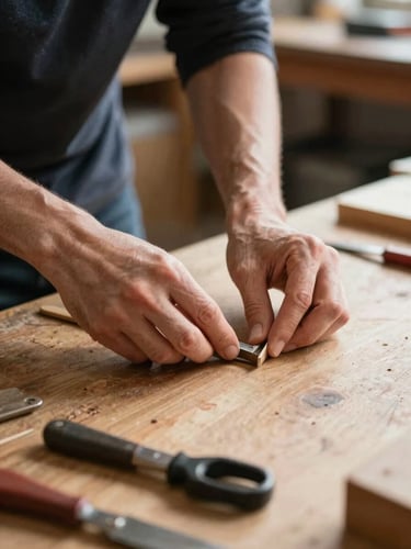 Close-up of a workshop instructor's hands guiding a participant through a craft task on a wooden workbench, natural north-facing daylight, tools and materials visible in the foreground