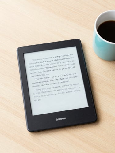 Overhead flat-lay of a structured workspace, an e-reader displaying clean typography next to a ceramic coffee mug on a light wood surface, soft morning light.