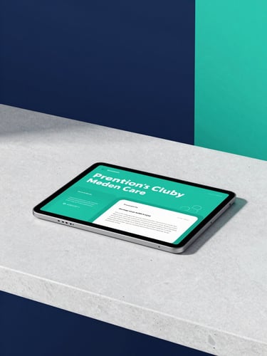 High-fidelity 3D digital mockup of a premium educational book on a modern tablet, resting on a clean concrete desk with soft shadows, minimalist navy and teal background.