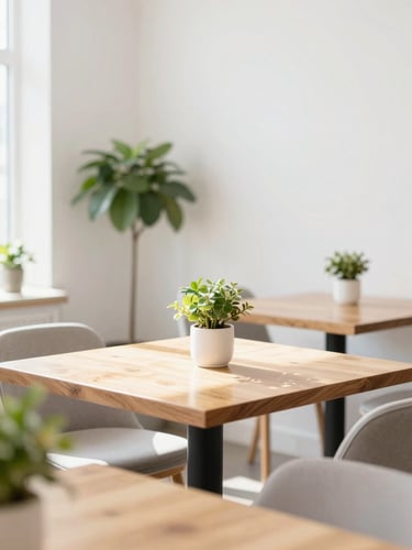 Bright high-key interior photograph of a modern minimalist restaurant dining room, sunlit wooden tables, white walls, green plants, soft natural daylight, shallow depth of field