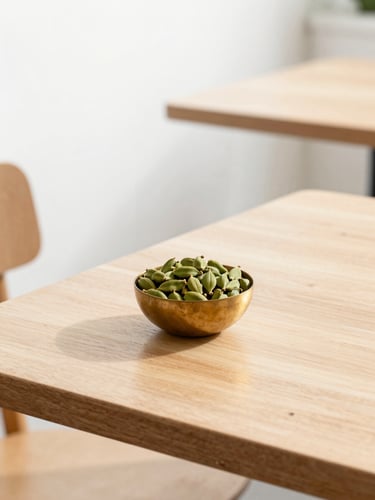 Sunlit minimalist restaurant interior with light wood tables, a modern clean setting, and a small decorative brass bowl of green cardamom pods in soft focus, bright natural daylight.