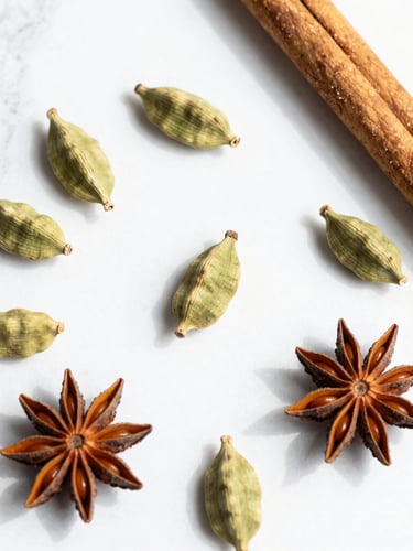 Top-down flat lay of whole raw spices including green cardamom pods, cinnamon bark, and star anise scattered on a light white marble surface, bright high-key natural daylight, soft shadows