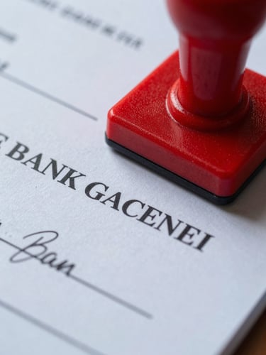 Extreme close-up of a bank guarantee document, red approval stamp pressed into paper, formal signatures visible in sharp studio strobe light, cool white background, ink texture and embossed letterhead in foreground