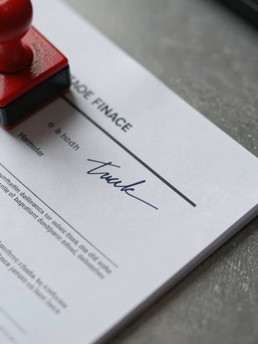Extreme close-up overhead view of a stamped and signed trade finance document spread on a steel-gray surface, red approval stamp visible in upper-left corner, cool north-facing daylight, sharp shadows across paper edges