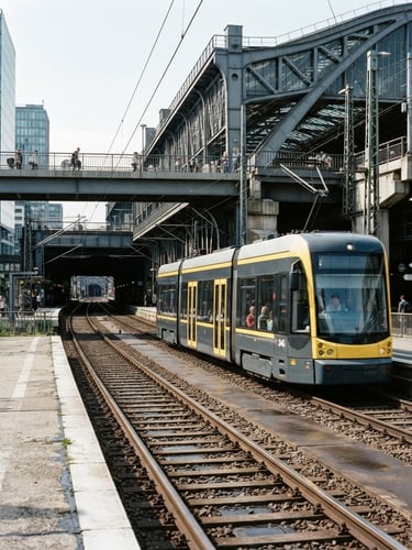 Wide environmental shot of a clean modern tram car in bright daylight, moving along structured steel tracks in an urban corridor, sharp industrial architectural framing, 35mm lens